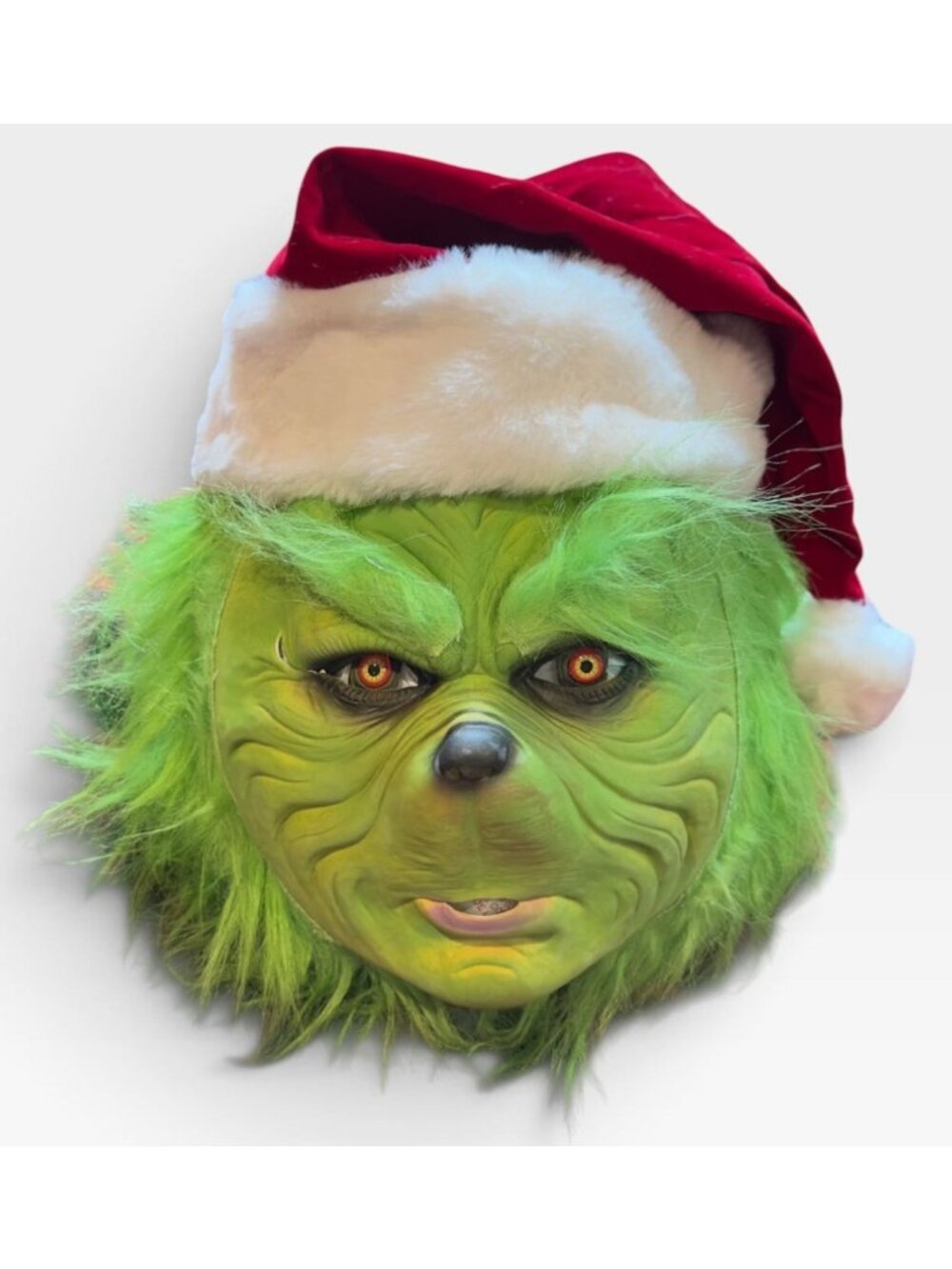 Green Christmas Monster Mask Realistic Furry Face Santa Hat Adult Costume
